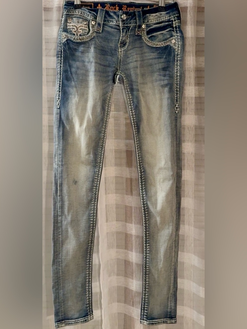 Rock Revival Women's Faded Blue Skinny Jeans with Embroidered Pockets